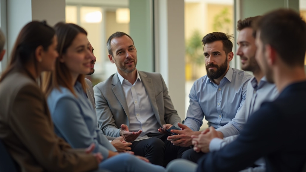 Grupo diverso de pessoas numa reunião informal, sentadas em círculo, conversando e ouvindo atentamente umas às outras