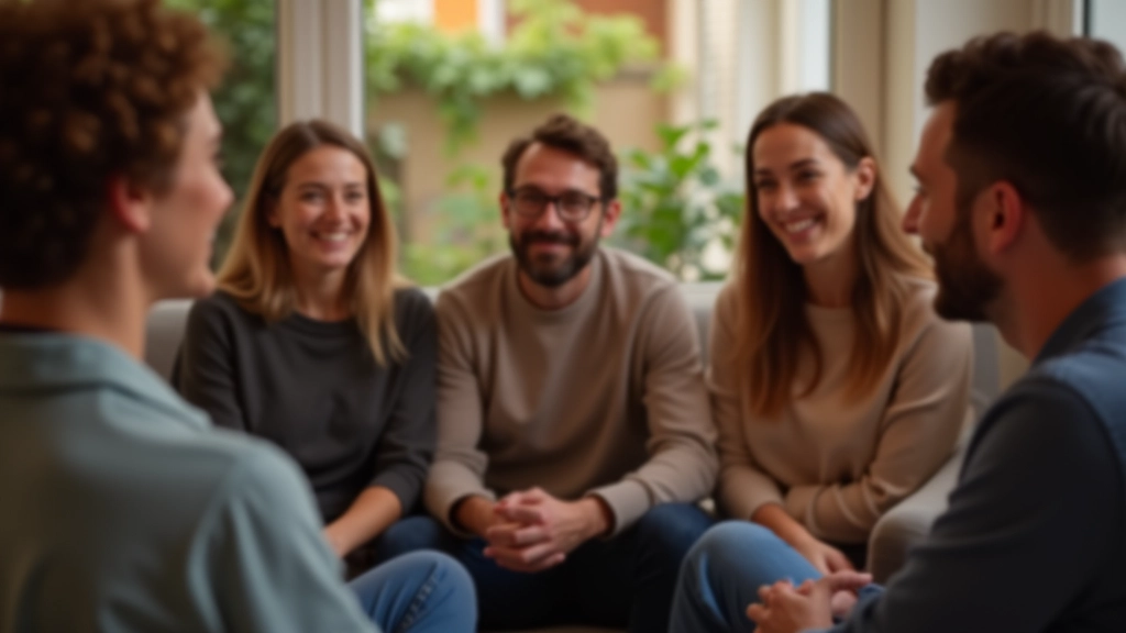 Pessoas em círculo num ambiente de apoio, de mãos dadas simbolicamente, representando união e suporte mútuo