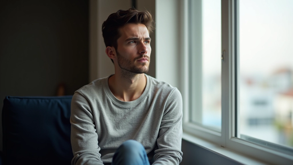 Pessoa sentada à janela em reflexão, olhando para fora com expressão pensativa, luz natural do dia iluminando o rosto