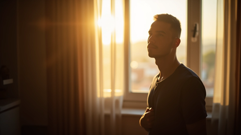 Pessoa pensativa olhando pela janela durante reflexão pessoal, representando o momento de pausa e introspecção
