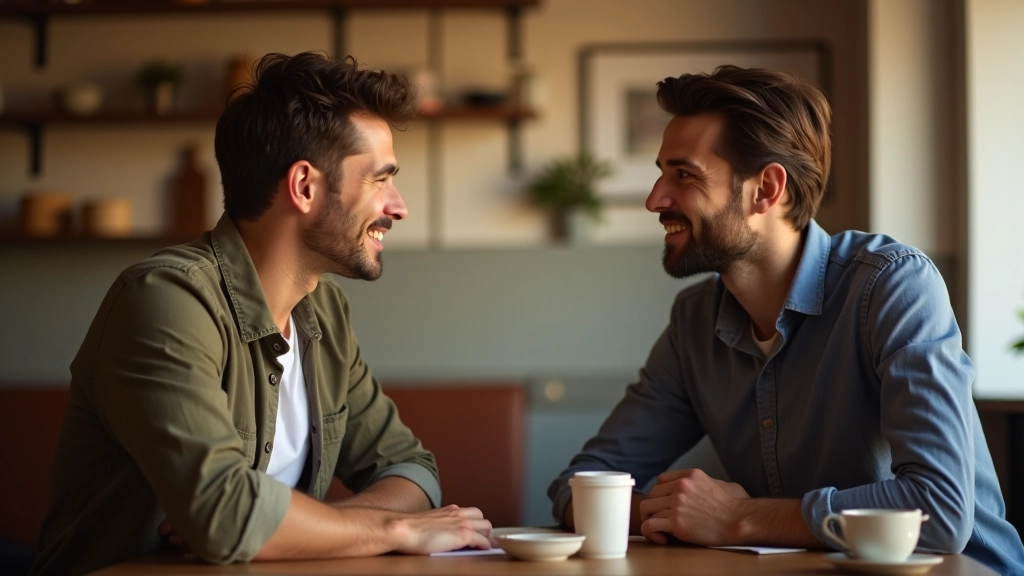 Duas pessoas conversando num ambiente tranquilo, com linguagem corporal aberta e atenta, demonstrando escuta ativa e apoio genuíno