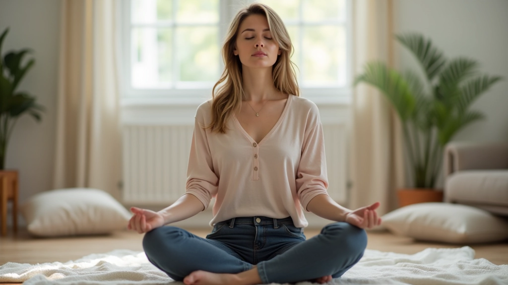 Mulher praticando técnicas de respiração em casa num espaço calmo com almofadas confortáveis